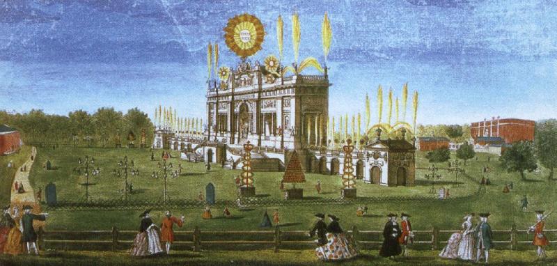 wolfgang amadeus mozart a contemporary artist s view of the structure erected in  green park for the 1749 firework display celebrating the peace of aix la chapelle.